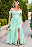 Off The Shoulder A Line Mint Green Bridesmaid Dress With Slit