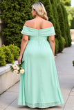 Off The Shoulder A Line Mint Green Bridesmaid Dress With Slit