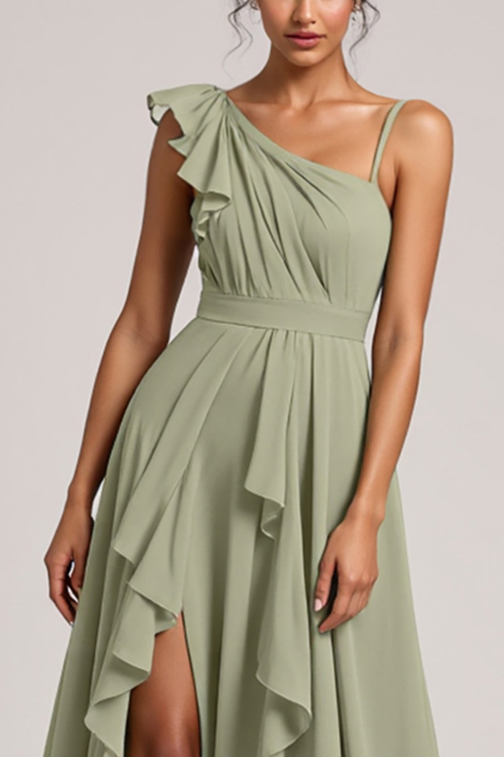 A Line Chiffon Ruffled Dusty Sage Bridesmaid Dress