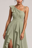 A Line Chiffon Ruffled Dusty Sage Bridesmaid Dress