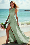 One Shoulder Ruched A Line Green Bridesmaid Dress With Slit