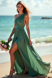 One Shoulder Ruched A Line Green Bridesmaid Dress With Slit