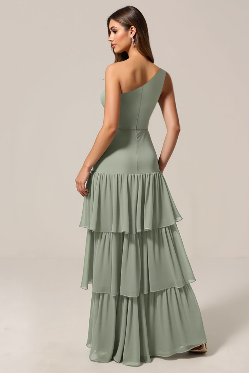 One Shoulder Sage Green A Line Tiered Bridesmaid Dress