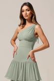 One Shoulder Sage Green A Line Tiered Bridesmaid Dress