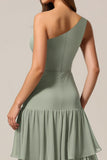One Shoulder Sage Green A Line Tiered Bridesmaid Dress