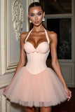 Blush Halter Corset Short Homecoming Dress With Bow