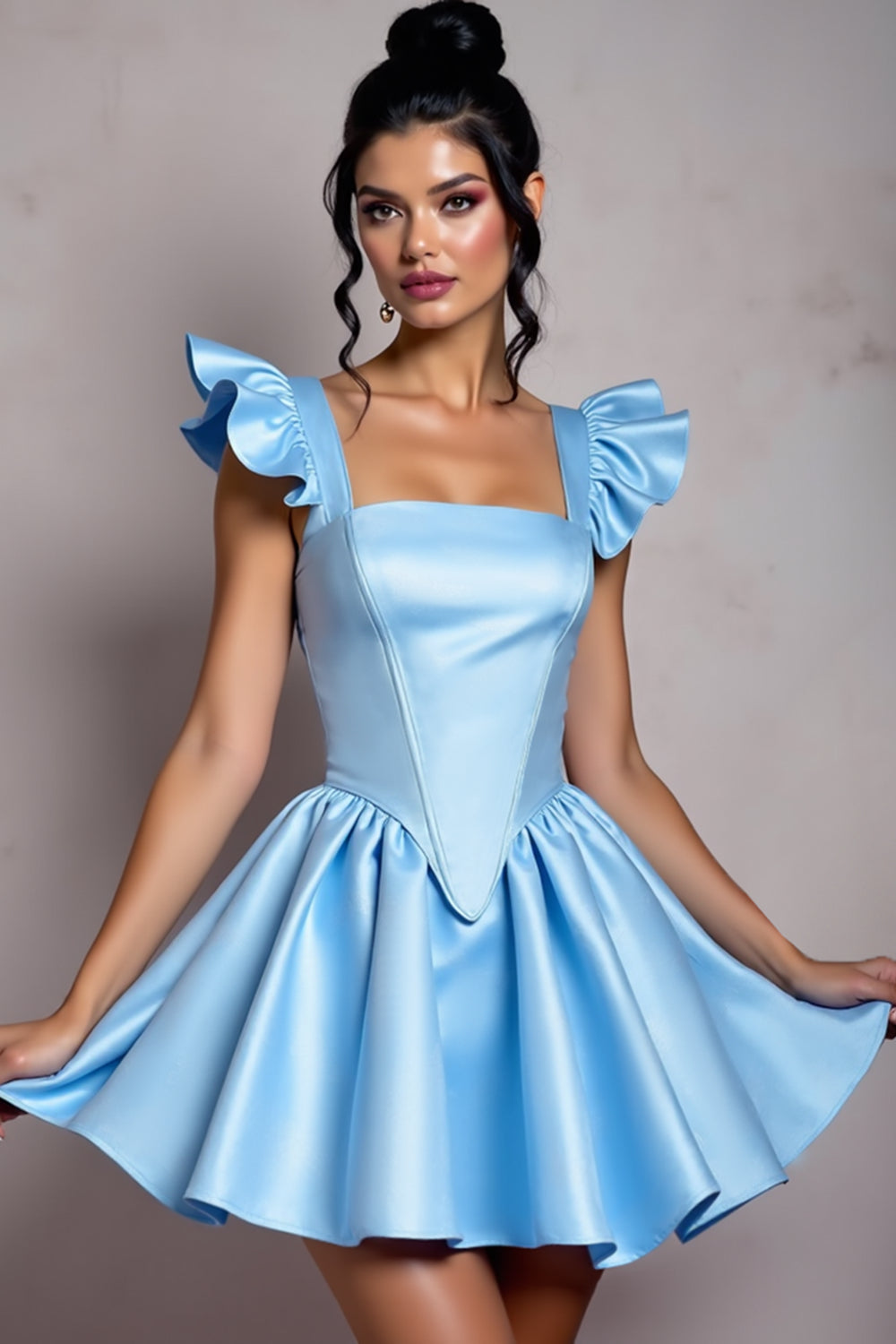 Sky Blue Square Neck Ruffle Sleeve A Line Homecoming Dress