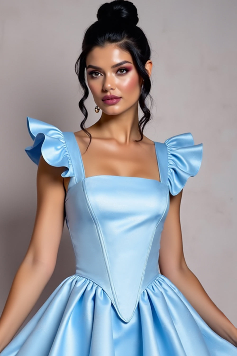 Sky Blue Square Neck Ruffle Sleeve A Line Homecoming Dress