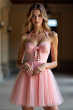 Blush Corset A Line Halter Homecoming Dress