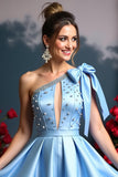 One Shoulder Sky Blue Beaded Homecoming Dress