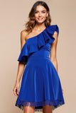One Shoulder Royal Blue Satin A Line Homecoming Dress