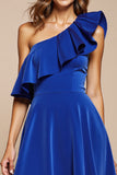 One Shoulder Royal Blue Satin A Line Homecoming Dress