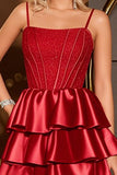Dark Red Satin Spaghetti Straps Corset Homecoming Dress