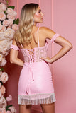 Candy Pink Cold Shoulder Corset Bodycon Cocktail Dress