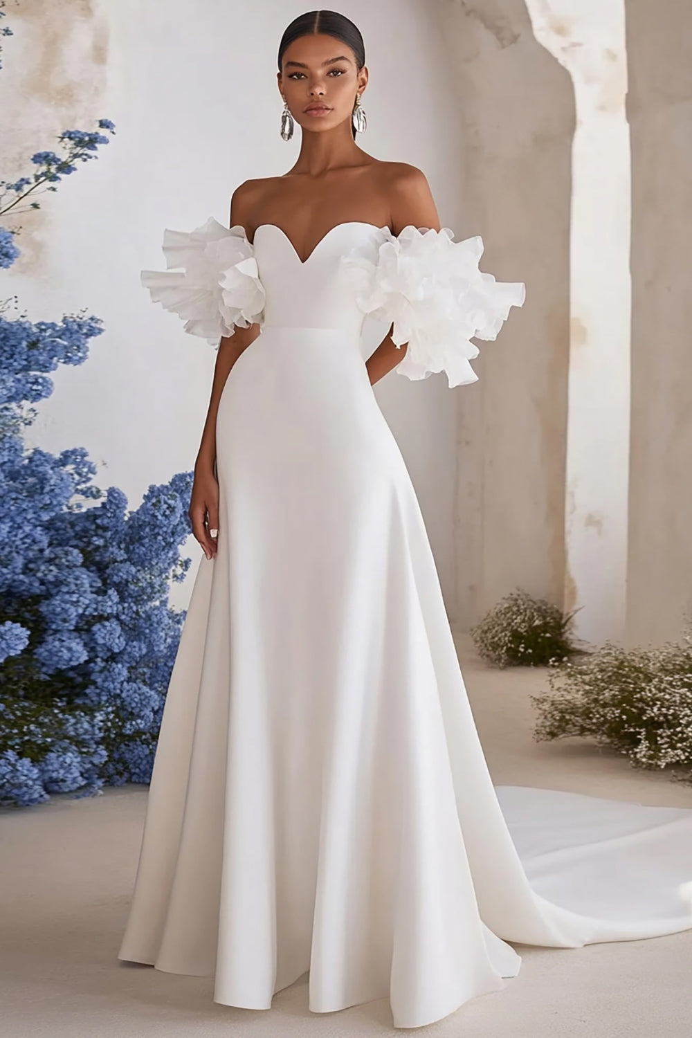 Ivory Off The Shoulder A Line Long Wedding Dress