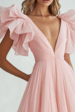 Pink A Line V-Neck Long Formal Dressw with Ruffles