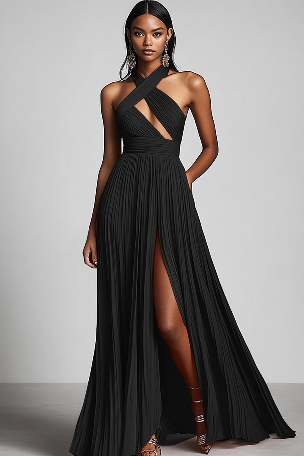 Black A Line Pleated Long Fomal Dress with Slit