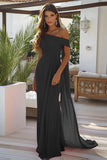 Black One Shoulder Long Formal Dress with Side Cape