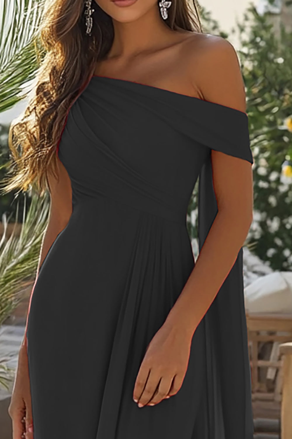 Black One Shoulder Long Formal Dress with Side Cape