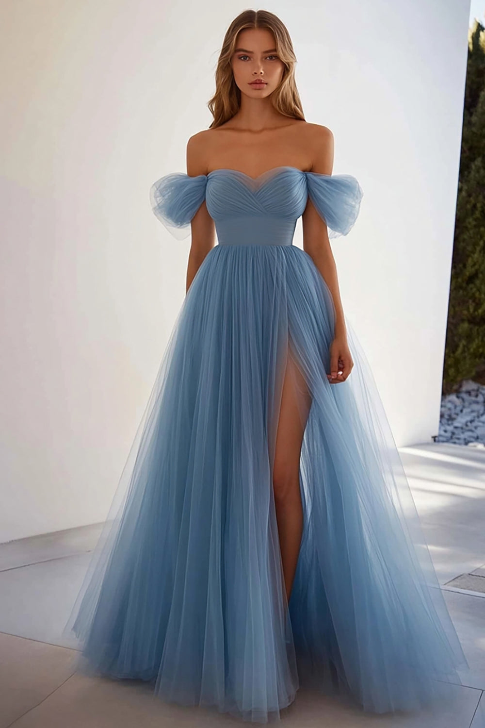 Grey Blue A Line Tulle Long Prom Dress with Slit