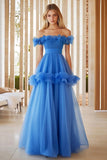 Blue A-Line Off The Shoulder Long Prom Dress With Ruffles