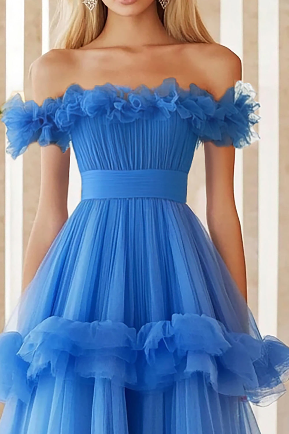 Blue A-Line Off The Shoulder Long Prom Dress With Ruffles
