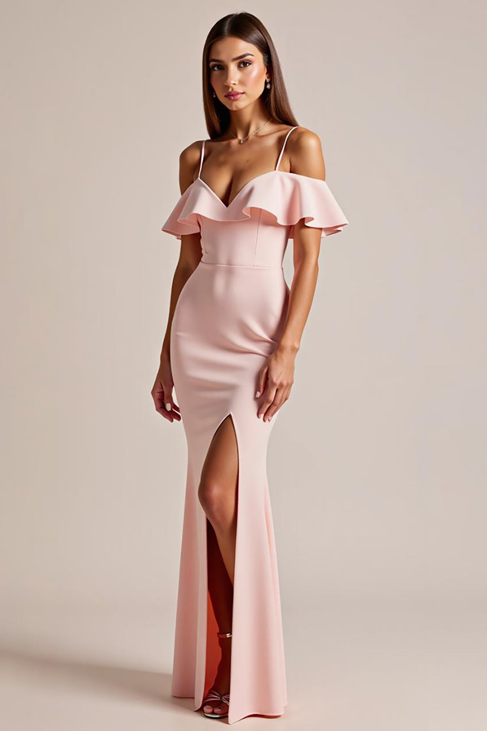 Sheath/Column Long Pink Formal Dress With Ruffles