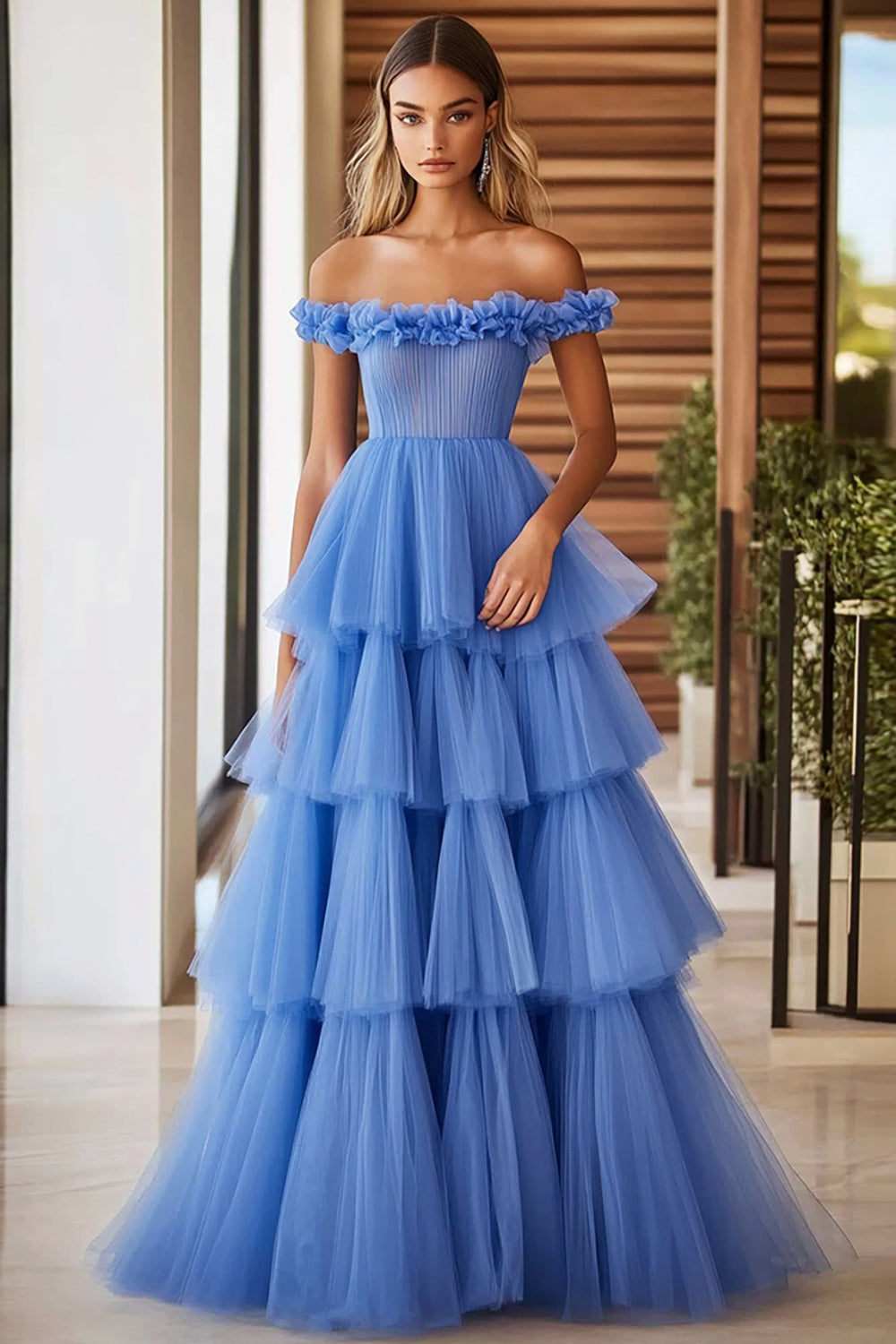 Off The Shoulder Blue Tiered Prom Dress With Ruffles
