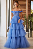 Off The Shoulder Blue Tiered Prom Dress With Ruffles