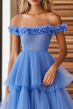 Off The Shoulder Blue Tiered Prom Dress With Ruffles