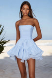 Strapless Sky Blue A Line Mini Graduation Dress with Ruffles