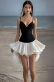 Black and White A Line Chiffon Mini Cocktail Dress with Ruffles