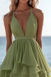 Ruffled A Line V Neck Chiffon Green Summer Dress