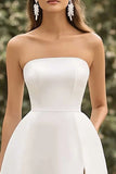 Strapless A Line White Graduation Dress with Slit