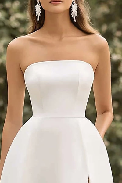 ZAPAKA Women Strapless White Graduation Dress with Slit A Line Satin