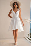 Ruffled A Line V Neck White Graduation Dress