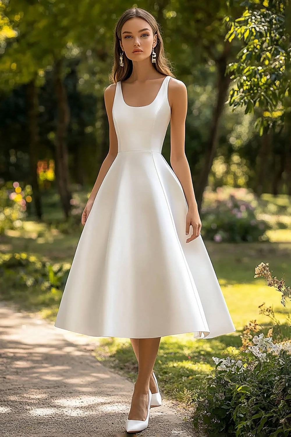 A Line Scoop Neck White Satin Midi Graduation Dress