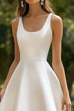 A Line Scoop Neck White Satin Midi Graduation Dress