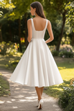 A Line Scoop Neck White Satin Midi Graduation Dress