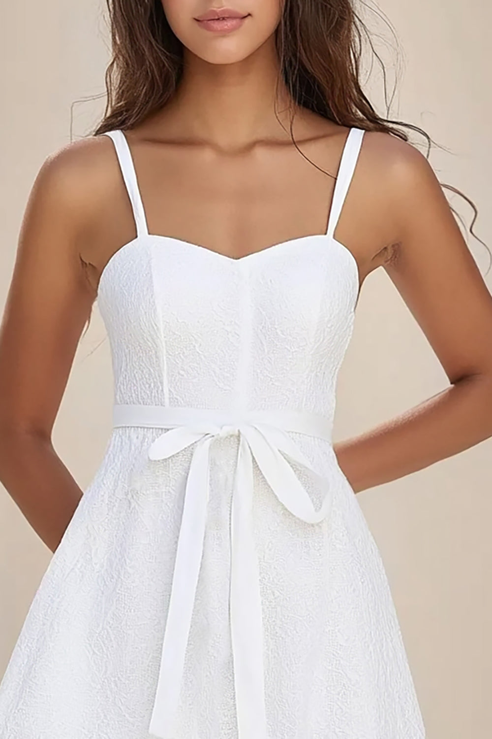 A Line White Lace Graduation Dress with Bow