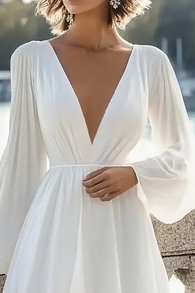 ZAPAKA Women Long Sleeves Graduation Dress A Line V Neck Chiffon White