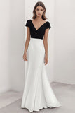 A Line White V Neck Formal Dress with Short Sleeves