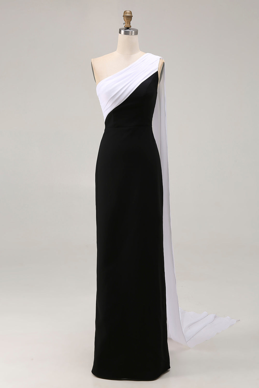 One Shoulder Sheath Long Black Tie Dress with Streamer
