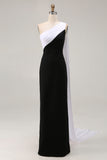 One Shoulder Sheath Long Black Tie Dress with Streamer
