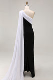 One Shoulder Sheath Long Black Tie Dress with Streamer