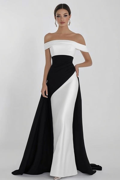 ZAPAKA Women Off The Shoulder Formal Dress Black And White Simple Long Evening Dress, Black White / US4 ZAPAKA Women Off The Shoulder Formal Dress Black And White Simple Long Evening Dress, Black White / US4