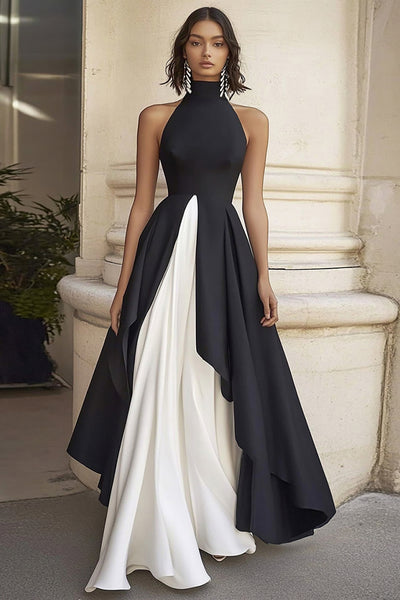 ZAPAKA Women Black Tie Dress Halter A Line Sleeveless Ruffled Simple Long Formal Dress, Black White / US14 ZAPAKA Women Black Tie Dress Halter A Line Sleeveless Ruffled Simple Long Formal Dress, Black White / US14