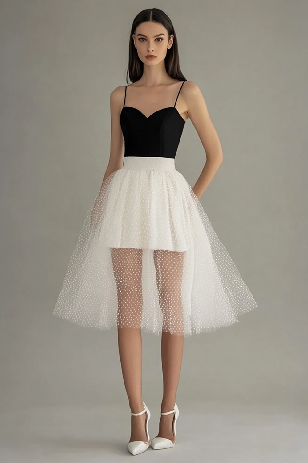 White A Line Tulle Midi Graduation Dress
