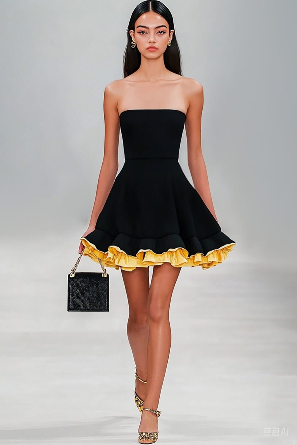 Strapless A Line Ruffled Little Black Dress