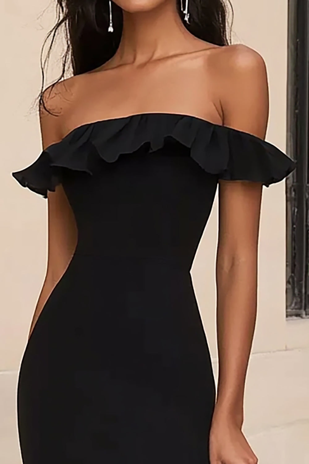 Black Off the Shoulder Ruffled Formal Dress with Slit